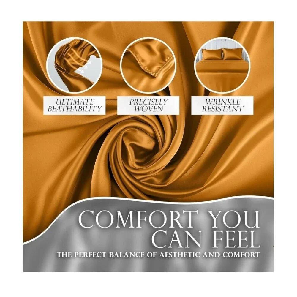 Decolure Satin Bed Sheet‎ Set Gold Full Size 15